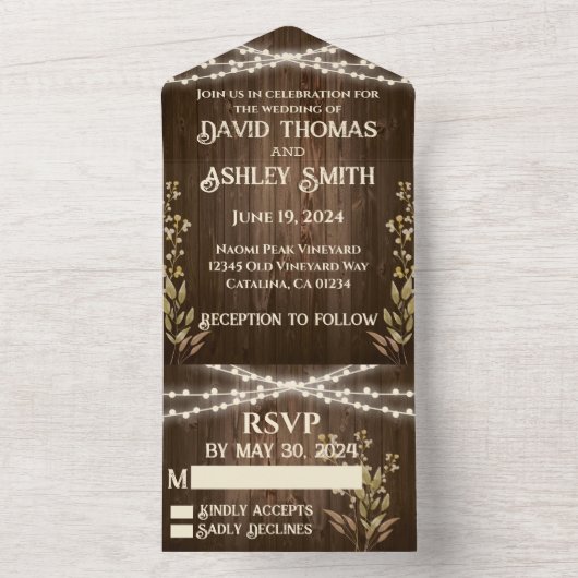 1つの素朴結婚式の招待で全員の木材 オールインワン招待状 (内側)