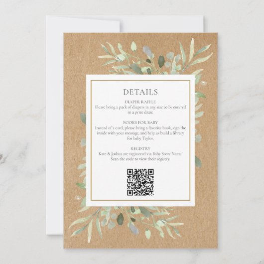 1つの素朴赤ん坊のシャワーに緑を振りかける 招待状 (裏面)