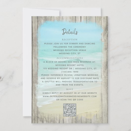 1つの素朴QRコード内のすべてのビーチ結婚式 招待状 (裏面)