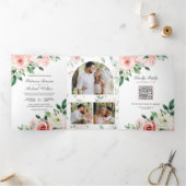 1つの素朴QRコード内のピーチフローラすべて結婚 三つ折り招待状 (内部)