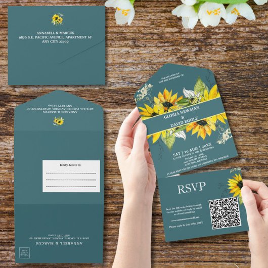 1つの結婚式でスモーキーグリーンサンフラワーを招待 オールインワン招待状