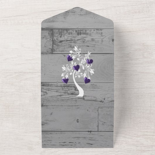 1つの結婚式でハートの紫色の木を招待 オールインワン招待状 (外側)