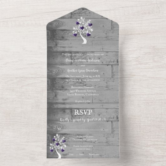 1つの結婚式でハートの紫色の木を招待 オールインワン招待状 (内側)