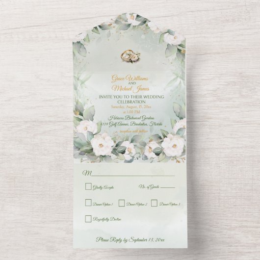 1つの結婚式で優雅な緑を招待 オールインワン招待状 (内側)