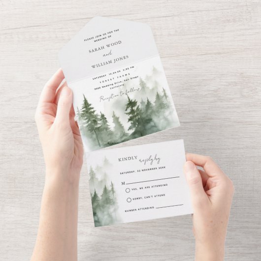 1つの結婚式で緑の森を招待 オールインワン招待状 (貼ってはがせる)