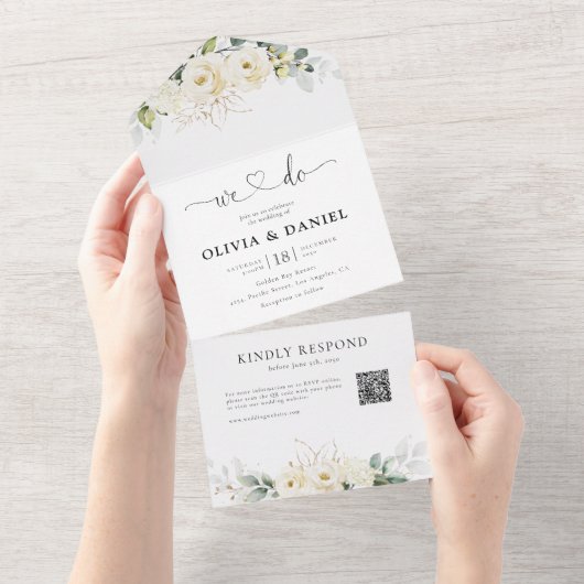 1つの結婚式で緑の白いバラを招待 オールインワン招待状 (貼ってはがせる)