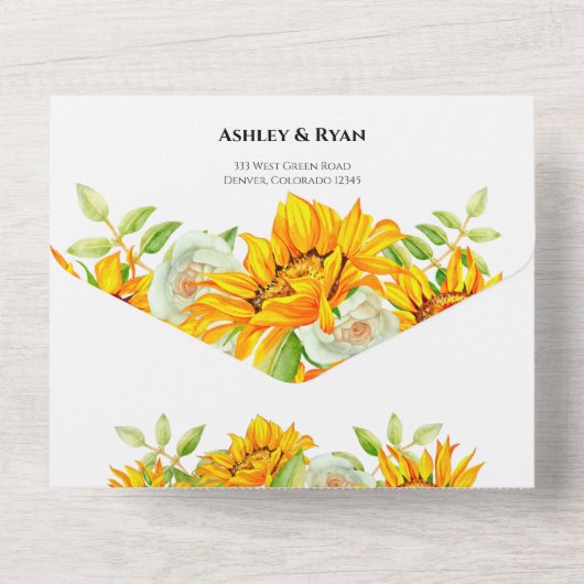 1つの結婚式で黄色のひまわり オールインワン招待状 (裏面)