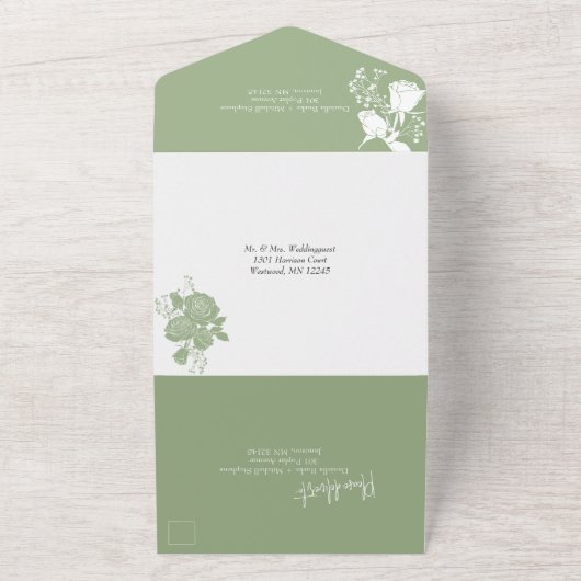 1つの結婚式の招待ですべてのセージ上の白いバラ オールインワン招待状 (外側)