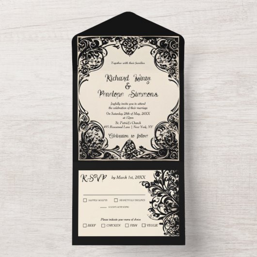 1つの結婚式の招待でカスタマイズ可能なゴシック オールインワン招待状 (内側)