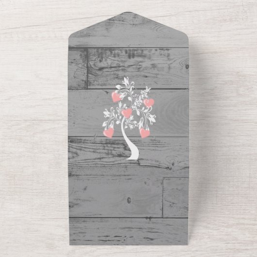 1つの結婚式の招待でハートのピンクの木 オールインワン招待状 (外側)