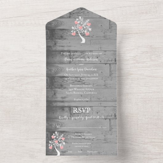 1つの結婚式の招待でハートのピンクの木 オールインワン招待状 (内側)