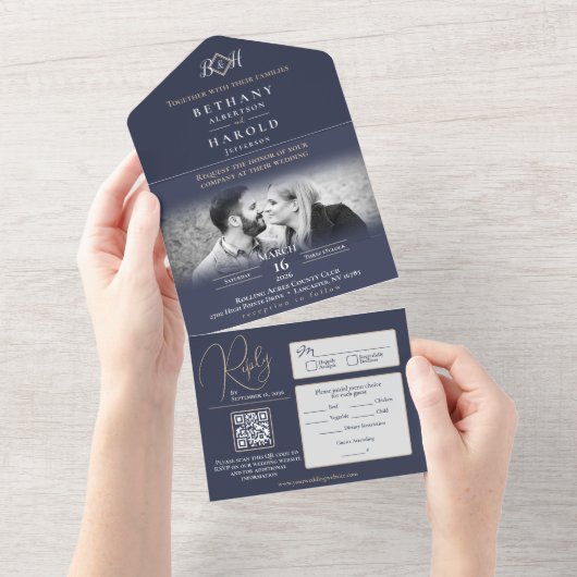 1つの結婚式の招待でブルーモノグラム オールインワン招待状 (貼ってはがせる)