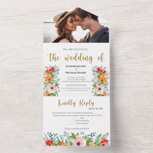 1つの結婚式の招待で水の色のポピー オールインワン招待状 (内側)