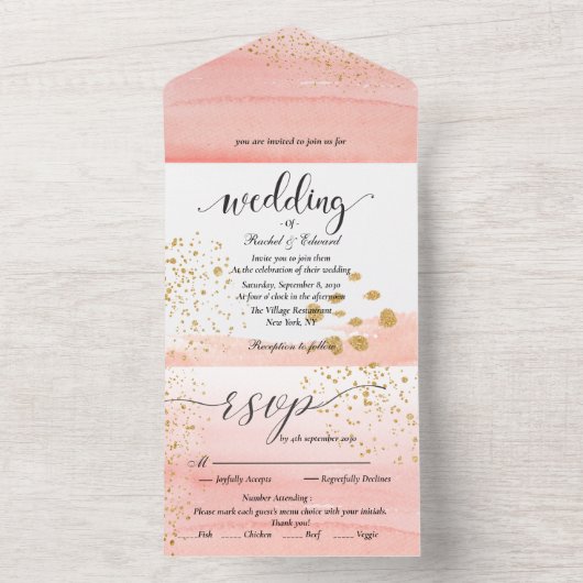 1つの結婚式の招待で水の色の桃スプラッシュ オールインワン招待状 (内側)