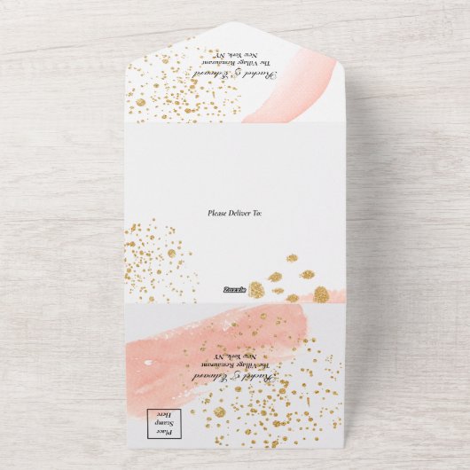 1つの結婚式の招待で水の色の桃スプラッシュ オールインワン招待状 (外側)