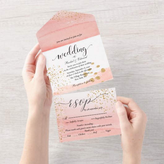 1つの結婚式の招待で水の色の桃スプラッシュ オールインワン招待状 (貼ってはがせる)