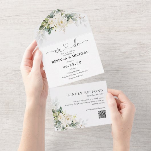 1つの結婚式の招待で白いバラ オールインワン招待状 (貼ってはがせる)