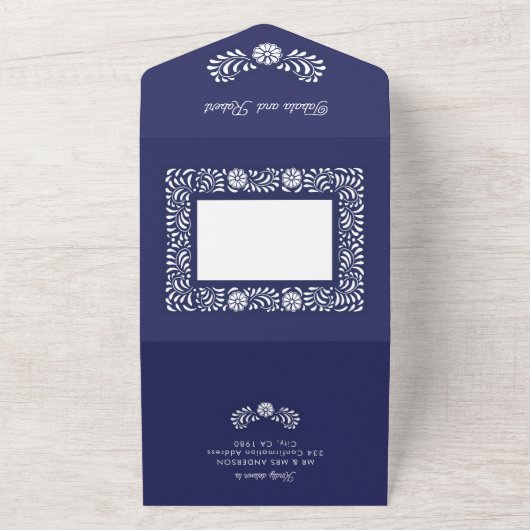 1つの結婚式の招待で青いメキシコのタラベラ オールインワン招待状 (外側)