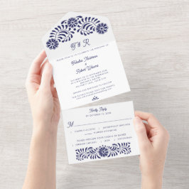 1つの結婚式の招待で青いメキシコのタラベラ オールインワン招待状