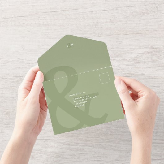 1つの結婚式招待状にアンパサンドセージ緑すべて オールインワン招待状 (開いている状態)