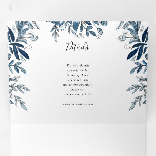 1つの結婚式招待状に青い花 三つ折り招待状 (内部最初)