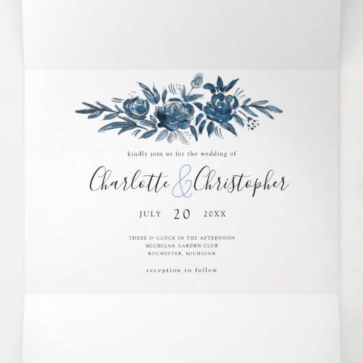 1つの結婚式招待状に青い花 三つ折り招待状 (内部中)