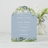 1つの緑のアーチにダスティブルーの光を結婚当て 招待状 (スタンド正面)