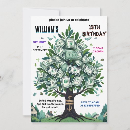 1つの自然クール現金のみマネーツリー13誕生日 招待状 (正面)