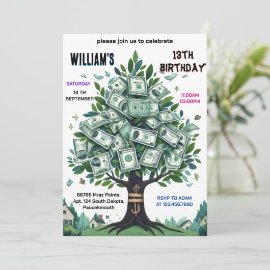 1つの自然クール現金のみマネーツリー13誕生日 招待状 (スタンド正面)