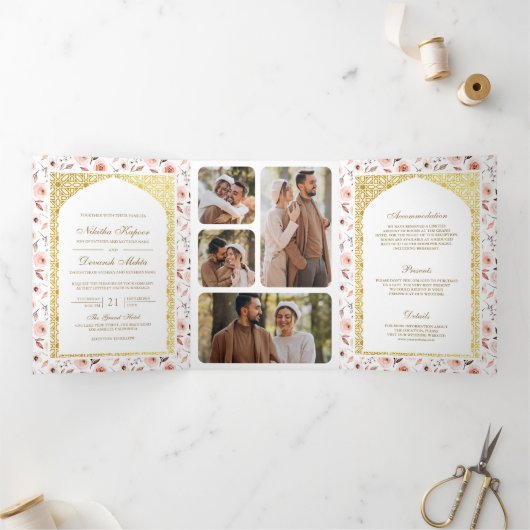 1つの自然フローラに含まれる全金ゴールド結婚インディアン 三つ折り招待状 (内部)