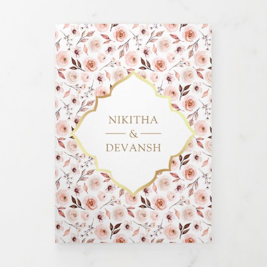 1つの自然フローラに含まれる全金ゴールド結婚インディアン 三つ折り招待状 (カバー)