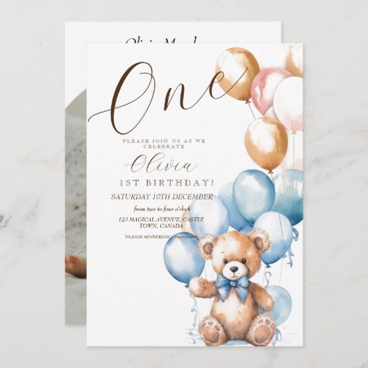 1つの誕生日ベアバルーンのスクリプト誕生日写真 招待状 (正面/裏面)