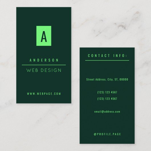 1つの調子のモダンでエレガントなティール(緑がかった色)のライムグリーン 名刺 (正面/裏面)