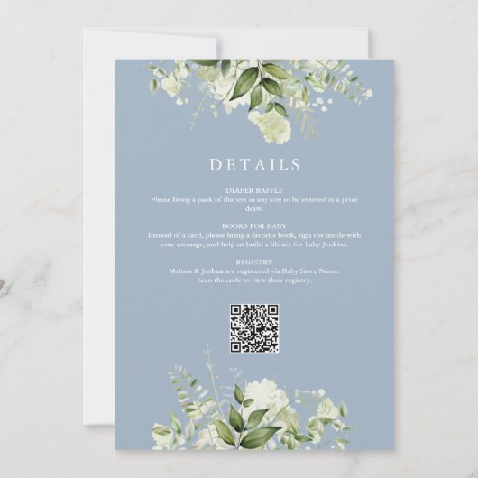 1つの赤ちゃんシャワーで男の子ほこりっぽい青い緑 招待状 (裏面)