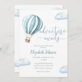 1つの赤ちゃんシャワーで青い熱気球の少年 招待状 (正面/裏面)