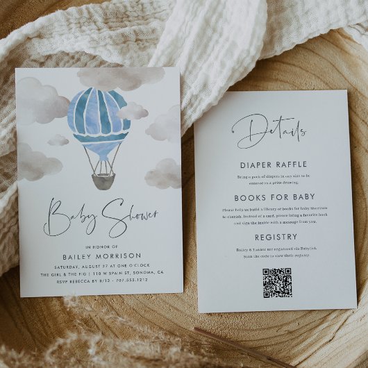 1つの赤ちゃんシャワーに青い熱気球 招待状
