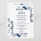 1つの赤ん坊のシャワーに男の子の青いフローラ 招待状 (正面/裏面)