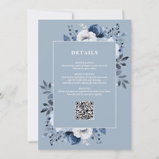 1つの赤ん坊シャワーで男の子の埃っぽい青いフローラ 招待状 (裏面)