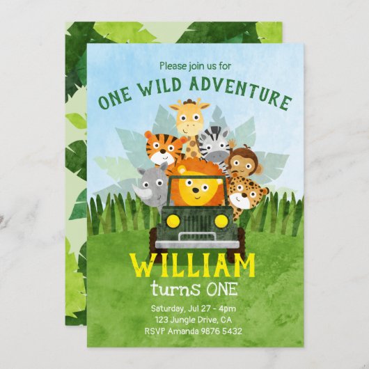 1つの野生の冒険|野生の1の|の最初誕生日 招待状 (正面/裏面)