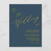 1つの金ゴールドスクリプト内の埃っぽい青いQRコード結婚すべて インビテーションポストカード (正面)