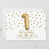 1つの金ゴールドバルーンと紙吹雪1番目の誕生日パーティー 招待状 (正面)