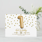 1つの金ゴールドバルーンと紙吹雪1番目の誕生日パーティー 招待状 (スタンド正面)
