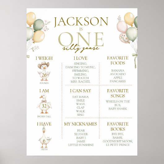 1つの間抜けガチョウ1番目の誕生日マイルストーンのサイン ポスター (正面)