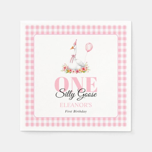 1つの間抜けガチョウ、ピンクのギンガムガールの女の子の1歳の誕生日 スタンダードカクテルナプキン (正面)