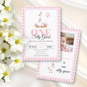 1つの間抜けガチョウ、ピンクのギンガムガールの女の子の1歳の誕生日 招待状