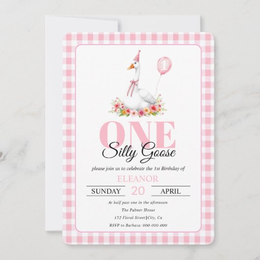 1つの間抜けガチョウ、ピンクのギンガムガールの女の子の1歳の誕生日 招待状 (正面)