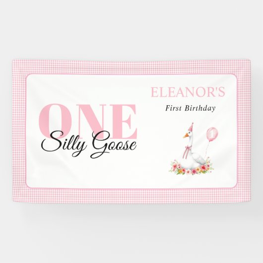 1つの間抜けガチョウ、ピンクのギンガムガールの女の子の1歳の誕生日 横断幕 (横)