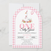 1つの間抜けガチョウ、ピンクのギンガムガールの最初の誕生日 招待状 (正面)