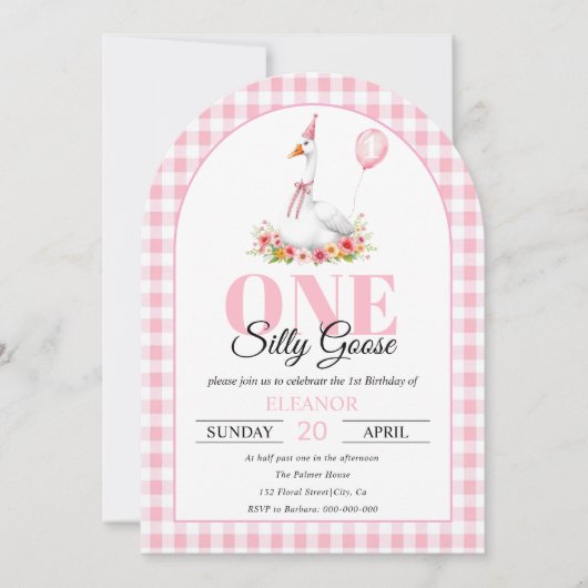 1つの間抜けガチョウ、ピンクのギンガムガールの最初の誕生日 招待状 (正面)