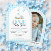 1つの間抜けガチョウ、青いギンガムボーイの最初の誕生日 招待状